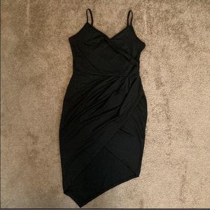 Black cocktail party asymmetrical dress with crisscross back, medium/large